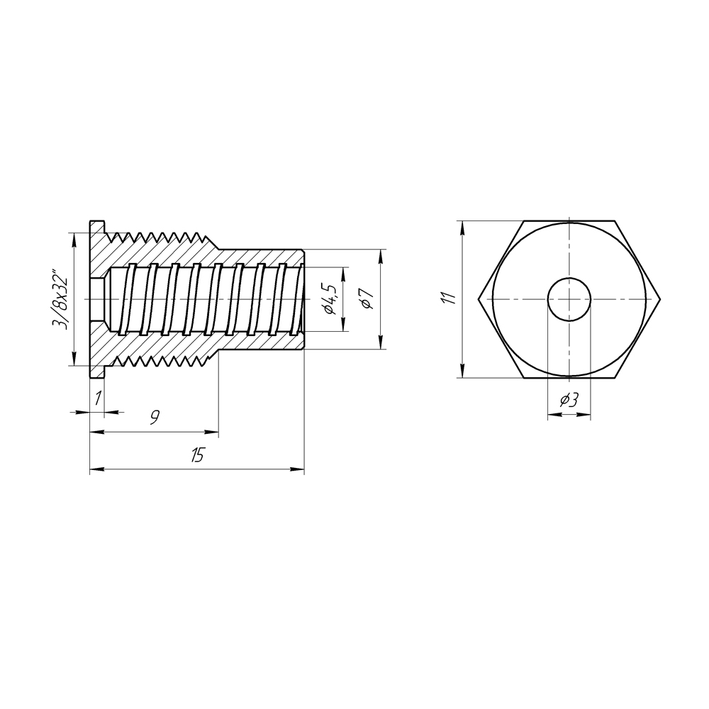 Кабельный ввод, на корпус, для RG-58, RG-142, RG-400, LMR-195, LMR-200, внешняя резьба 3/8х32"
